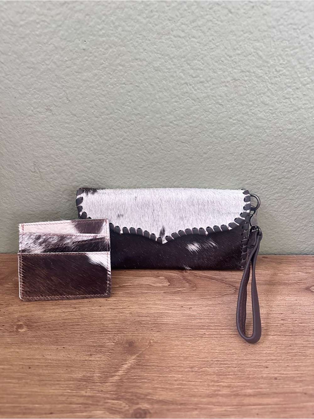 Cowhide Leather Wristlet Wallet with Card Holder - Black & White